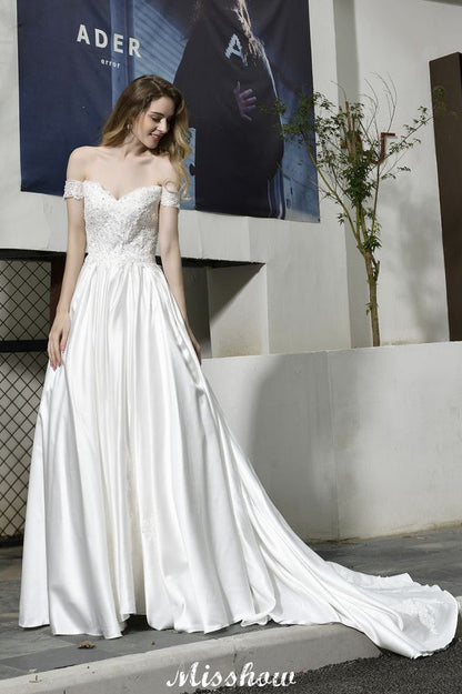 Elegant Off Shoulder Satin Floor Length Bridal Gown Sweetheart Floral Lace Aline Wedding Dress