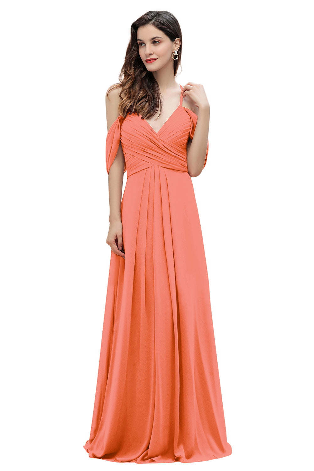 Elegante vestido de dama de honor de gasa con tirantes finos y hombros descubiertos, largo hasta el suelo, para fiesta de boda