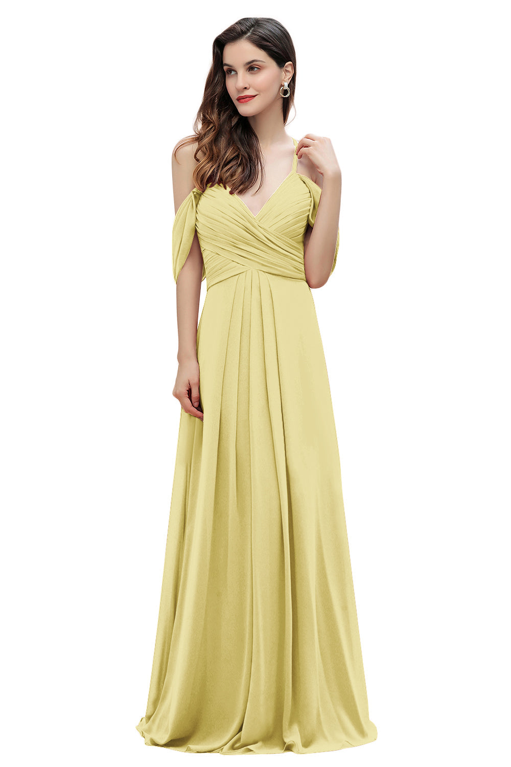Elegante vestido de dama de honor de gasa con tirantes finos y hombros descubiertos, largo hasta el suelo, para fiesta de boda