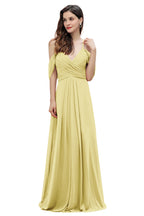 Elegante vestido de dama de honor de gasa con tirantes finos y hombros descubiertos, largo hasta el suelo, para fiesta de boda