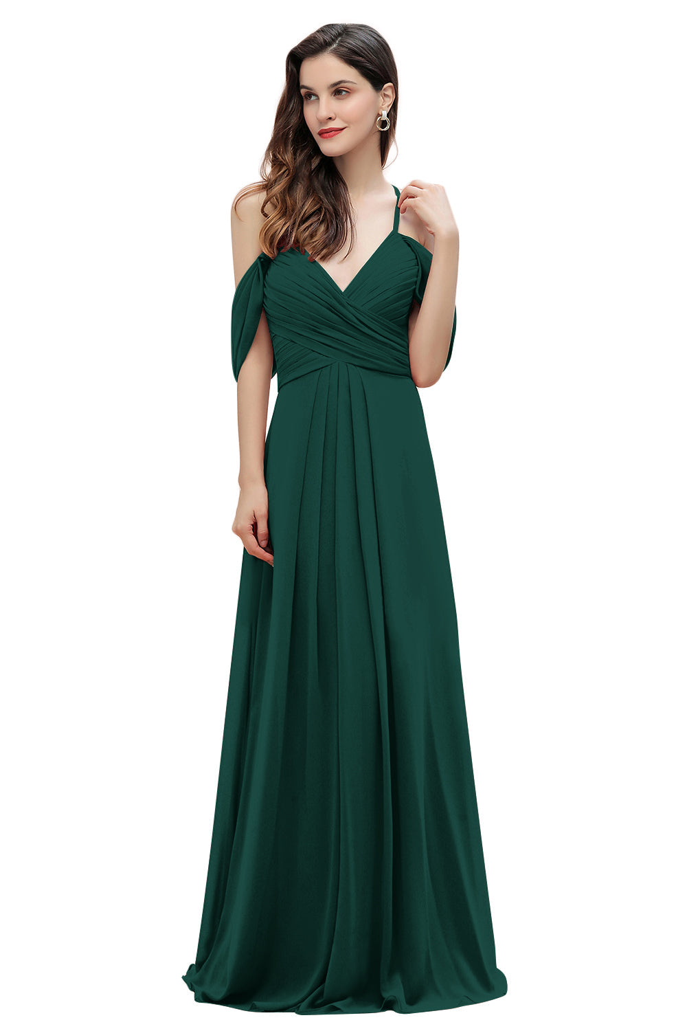 Elegante vestido de dama de honor de gasa con tirantes finos y hombros descubiertos, largo hasta el suelo, para fiesta de boda