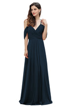 Elegante vestido de dama de honor de gasa con tirantes finos y hombros descubiertos, largo hasta el suelo, para fiesta de boda