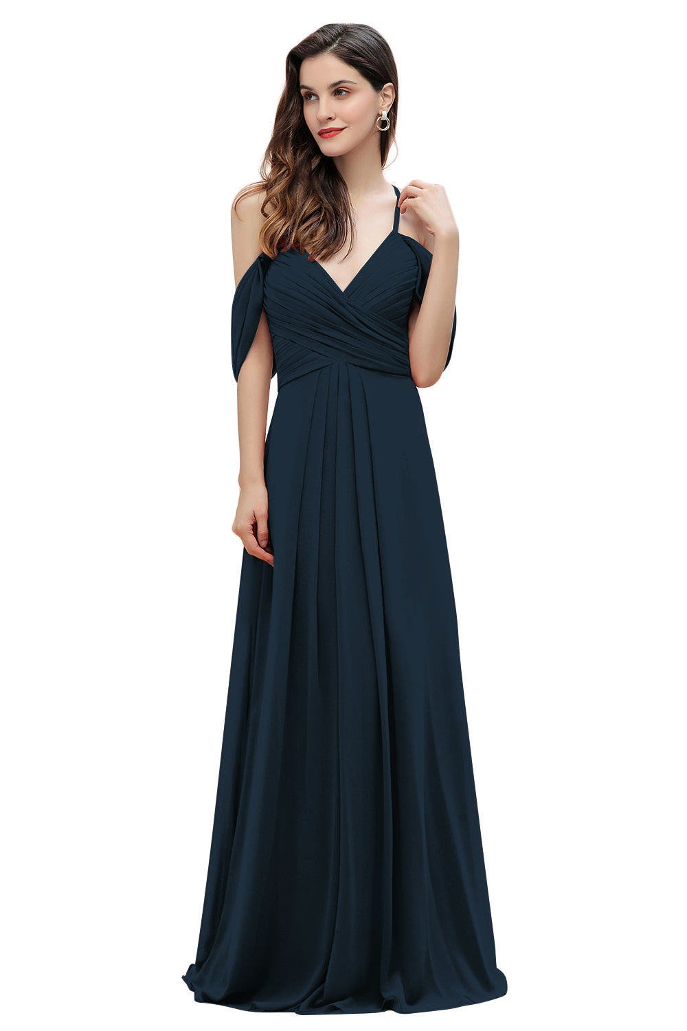 Elegante vestido de dama de honor de gasa con tirantes finos y hombros descubiertos, largo hasta el suelo, para fiesta de boda