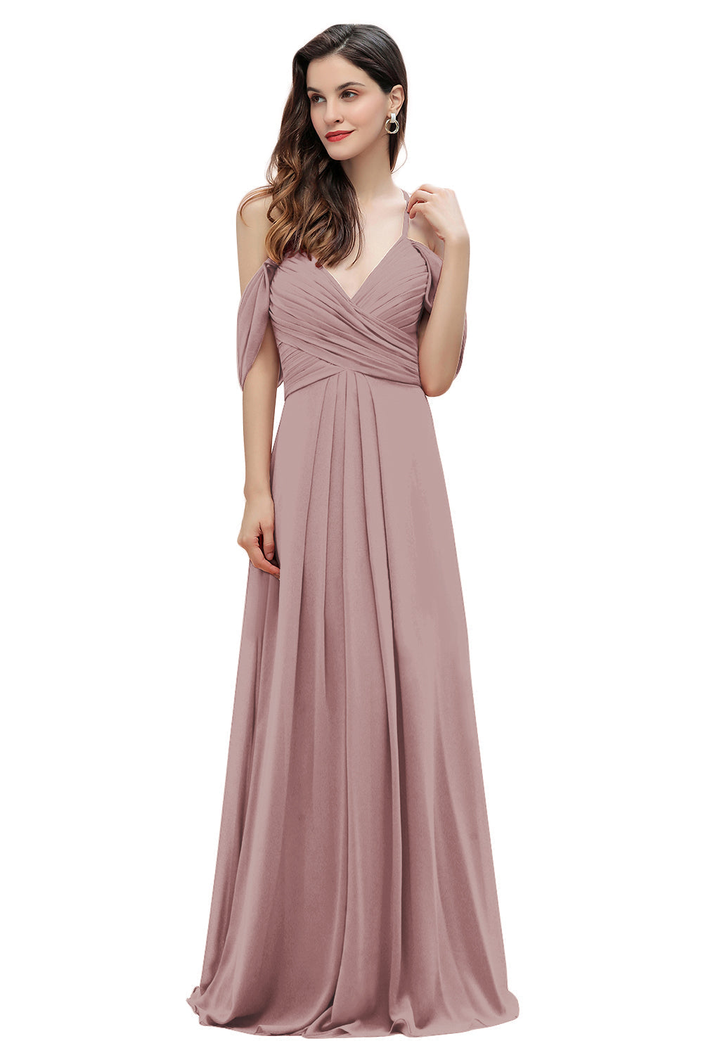 Elegante vestido de dama de honor de gasa con tirantes finos y hombros descubiertos, largo hasta el suelo, para fiesta de boda