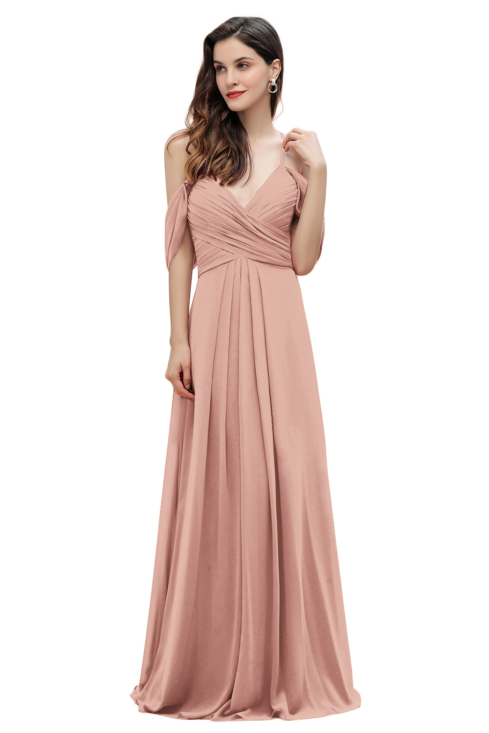 Elegante vestido de dama de honor de gasa con tirantes finos y hombros descubiertos, largo hasta el suelo, para fiesta de boda