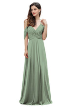Elegante vestido de dama de honor de gasa con tirantes finos y hombros descubiertos, largo hasta el suelo, para fiesta de boda