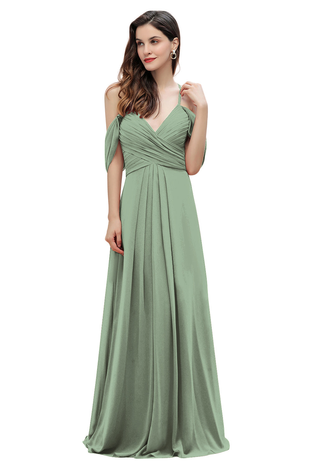 Elegante vestido de dama de honor de gasa con tirantes finos y hombros descubiertos, largo hasta el suelo, para fiesta de boda
