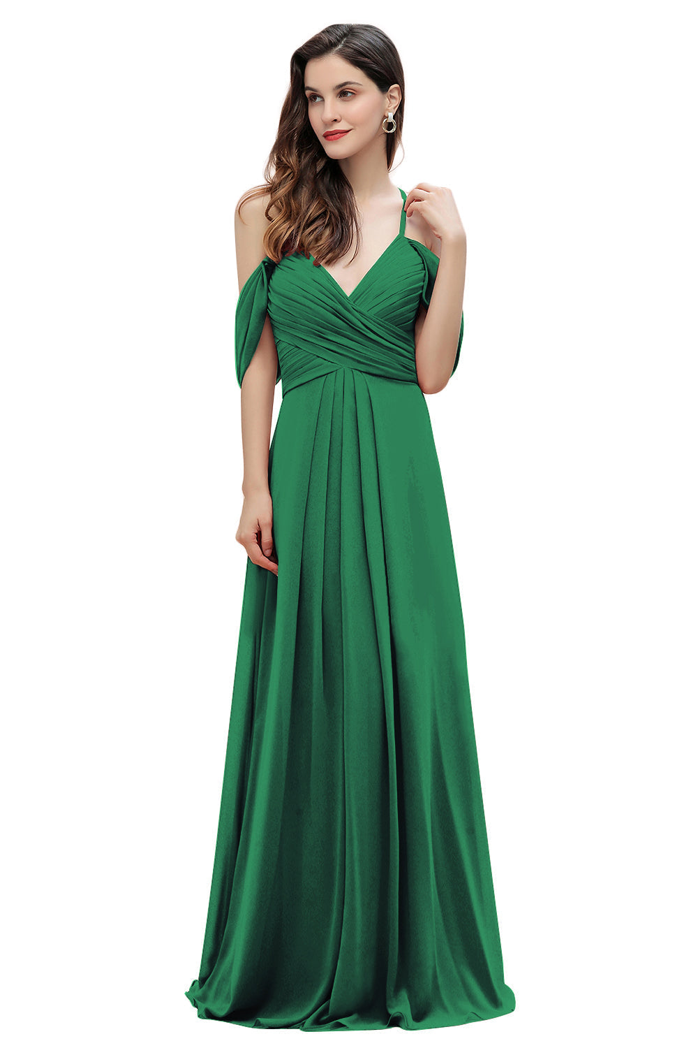 Elegante vestido de dama de honor de gasa con tirantes finos y hombros descubiertos, largo hasta el suelo, para fiesta de boda