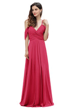Elegante vestido de dama de honor de gasa con tirantes finos y hombros descubiertos, largo hasta el suelo, para fiesta de boda
