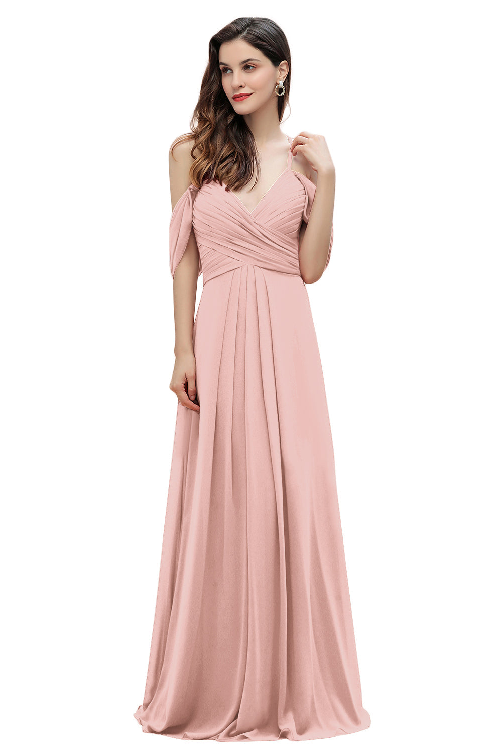 Elegante vestido de dama de honor de gasa con tirantes finos y hombros descubiertos, largo hasta el suelo, para fiesta de boda