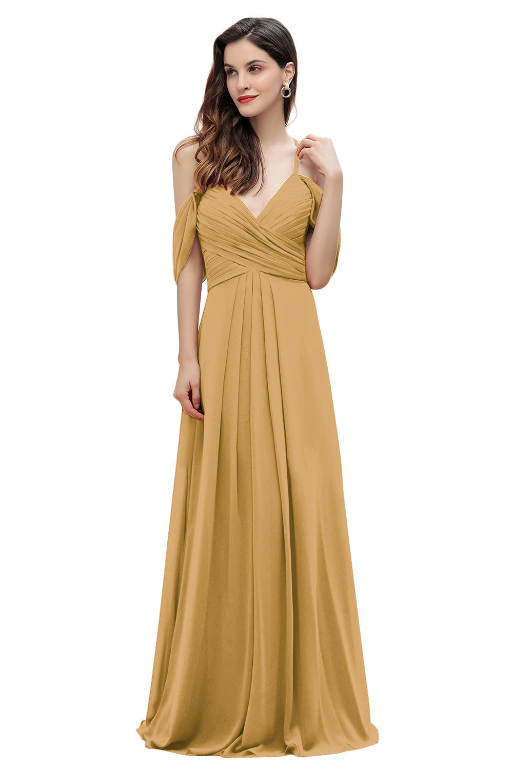 Elegante vestido de dama de honor de gasa con tirantes finos y hombros descubiertos, largo hasta el suelo, para fiesta de boda