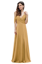 Elegante vestido de dama de honor de gasa con tirantes finos y hombros descubiertos, largo hasta el suelo, para fiesta de boda