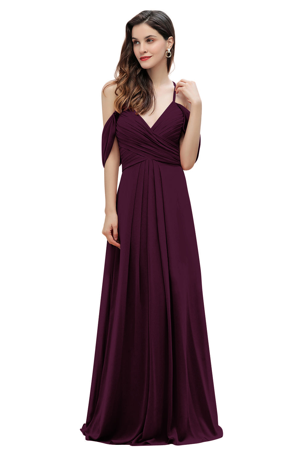 Elegante vestido de dama de honor de gasa con tirantes finos y hombros descubiertos, largo hasta el suelo, para fiesta de boda