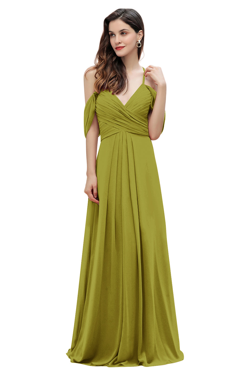 Elegante vestido de dama de honor de gasa con tirantes finos y hombros descubiertos, largo hasta el suelo, para fiesta de boda