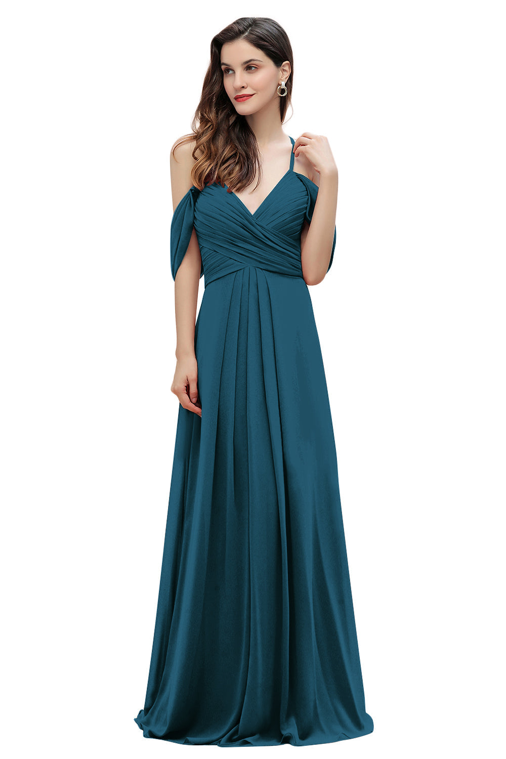 Elegante vestido de dama de honor de gasa con tirantes finos y hombros descubiertos, largo hasta el suelo, para fiesta de boda