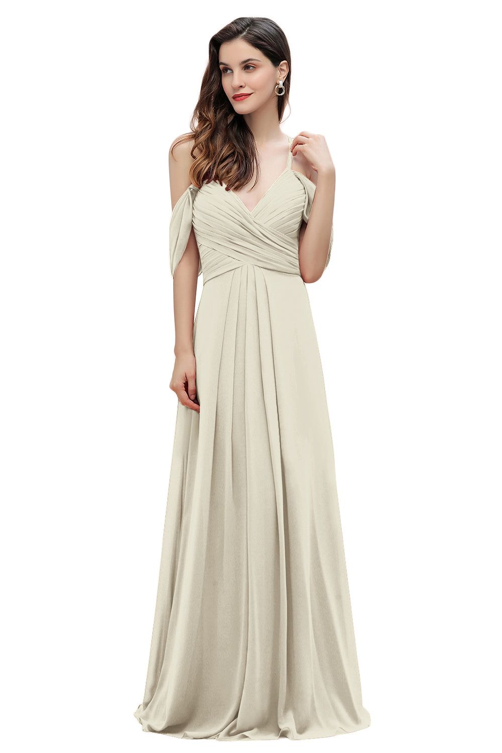 Elegante vestido de dama de honor de gasa con tirantes finos y hombros descubiertos, largo hasta el suelo, para fiesta de boda