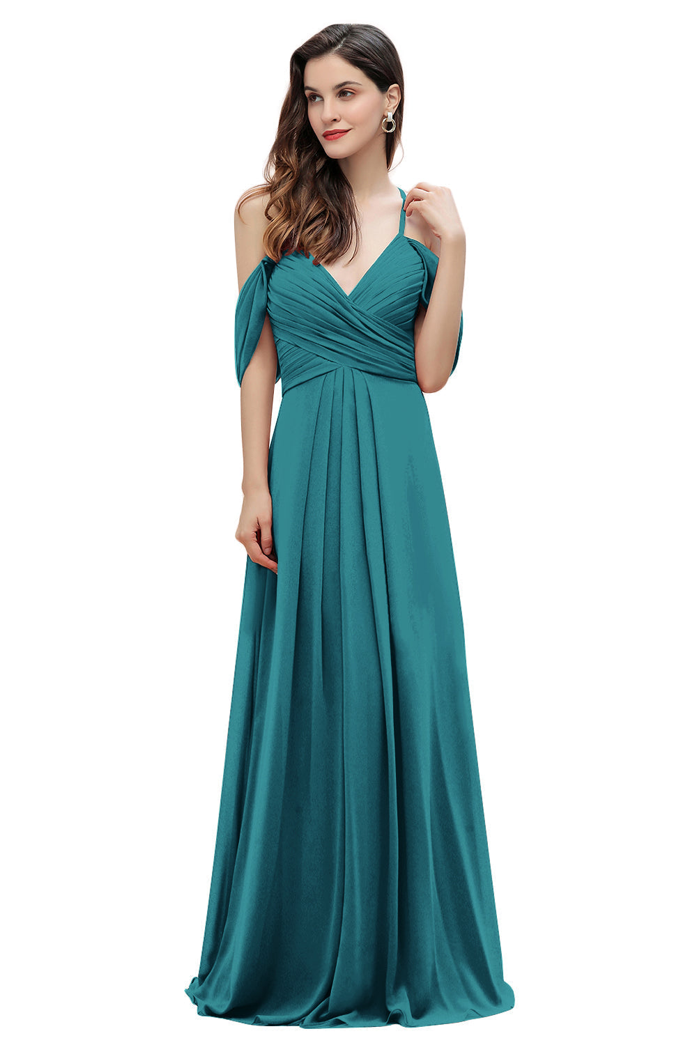Elegante vestido de dama de honor de gasa con tirantes finos y hombros descubiertos, largo hasta el suelo, para fiesta de boda