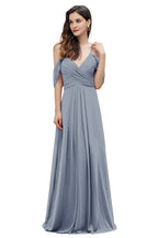 Elegante vestido de dama de honor de gasa con tirantes finos y hombros descubiertos, largo hasta el suelo, para fiesta de boda