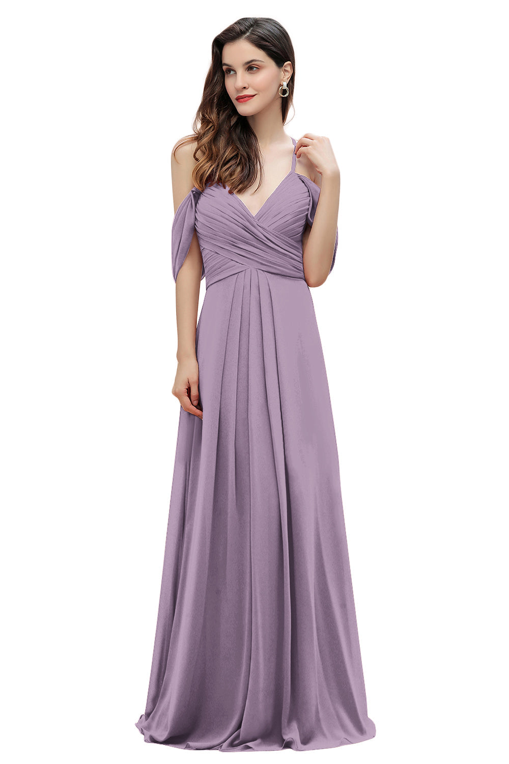 Elegante vestido de dama de honor de gasa con tirantes finos y hombros descubiertos, largo hasta el suelo, para fiesta de boda