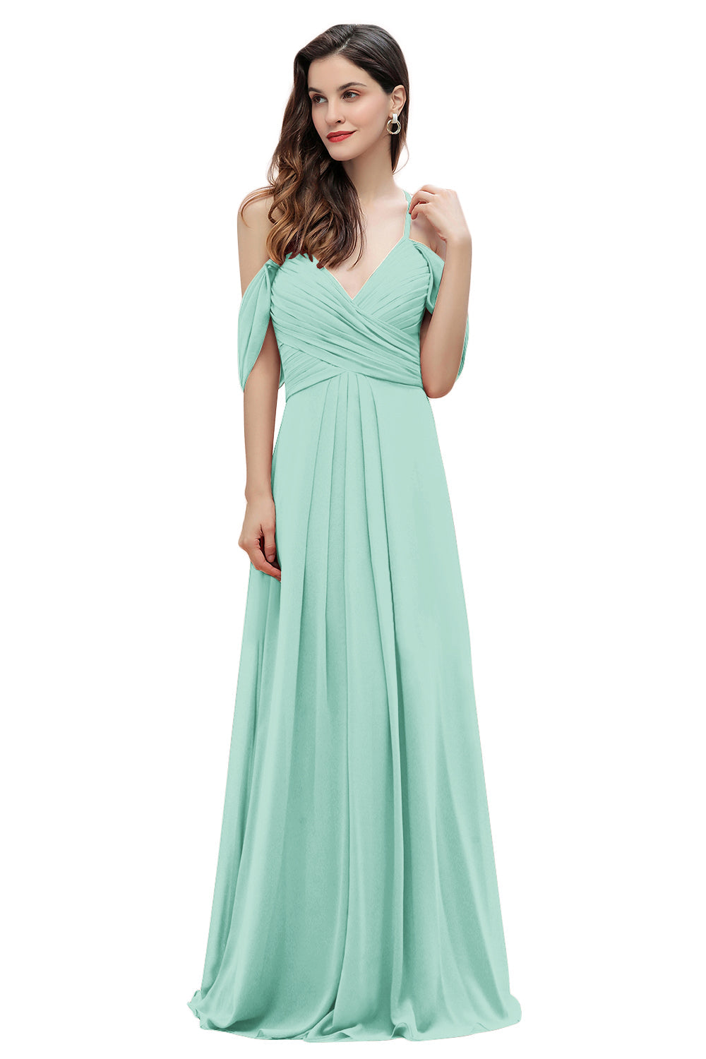 Elegante vestido de dama de honor de gasa con tirantes finos y hombros descubiertos, largo hasta el suelo, para fiesta de boda