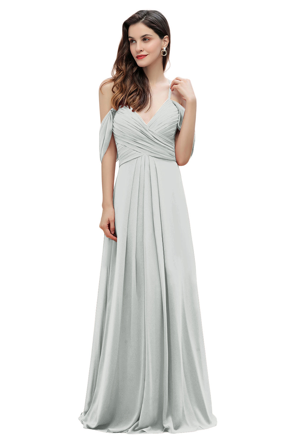 Elegante vestido de dama de honor de gasa con tirantes finos y hombros descubiertos, largo hasta el suelo, para fiesta de boda