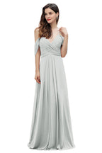 Elegante vestido de dama de honor de gasa con tirantes finos y hombros descubiertos, largo hasta el suelo, para fiesta de boda