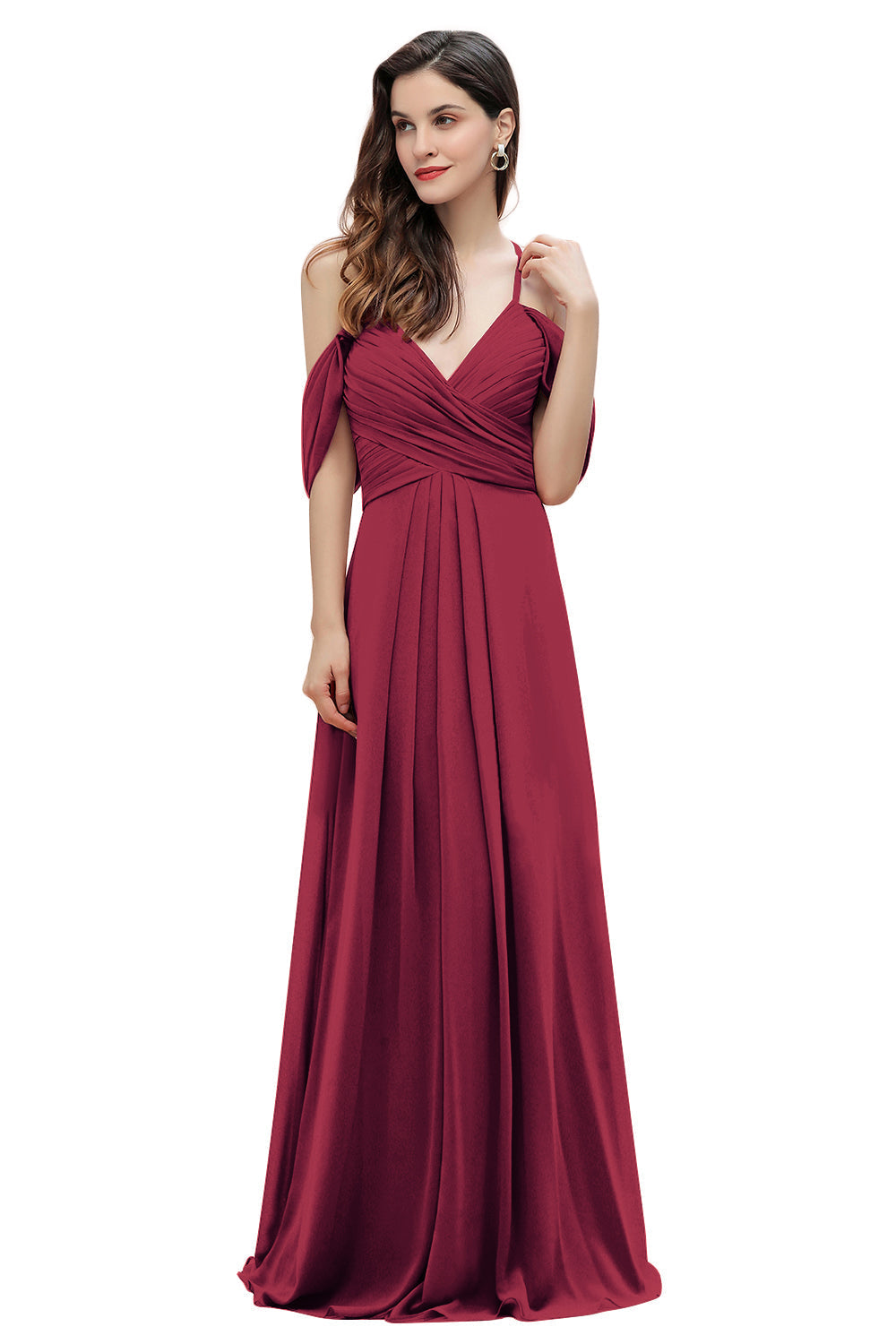 Elegante vestido de dama de honor de gasa con tirantes finos y hombros descubiertos, largo hasta el suelo, para fiesta de boda