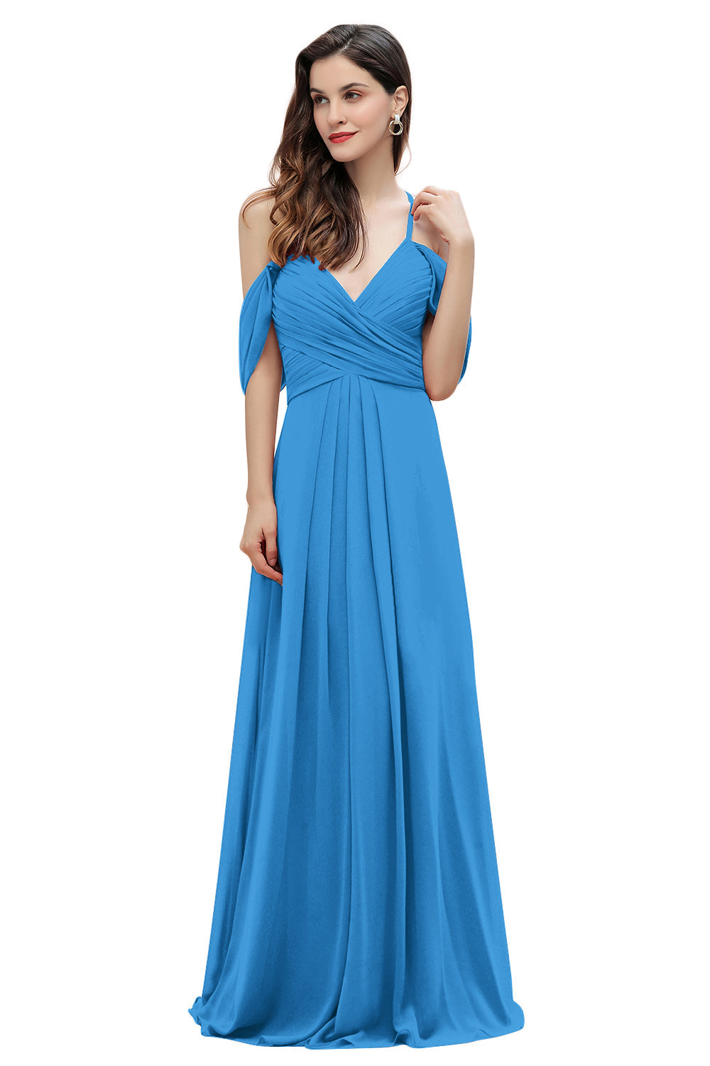 Elegante vestido de dama de honor de gasa con tirantes finos y hombros descubiertos, largo hasta el suelo, para fiesta de boda