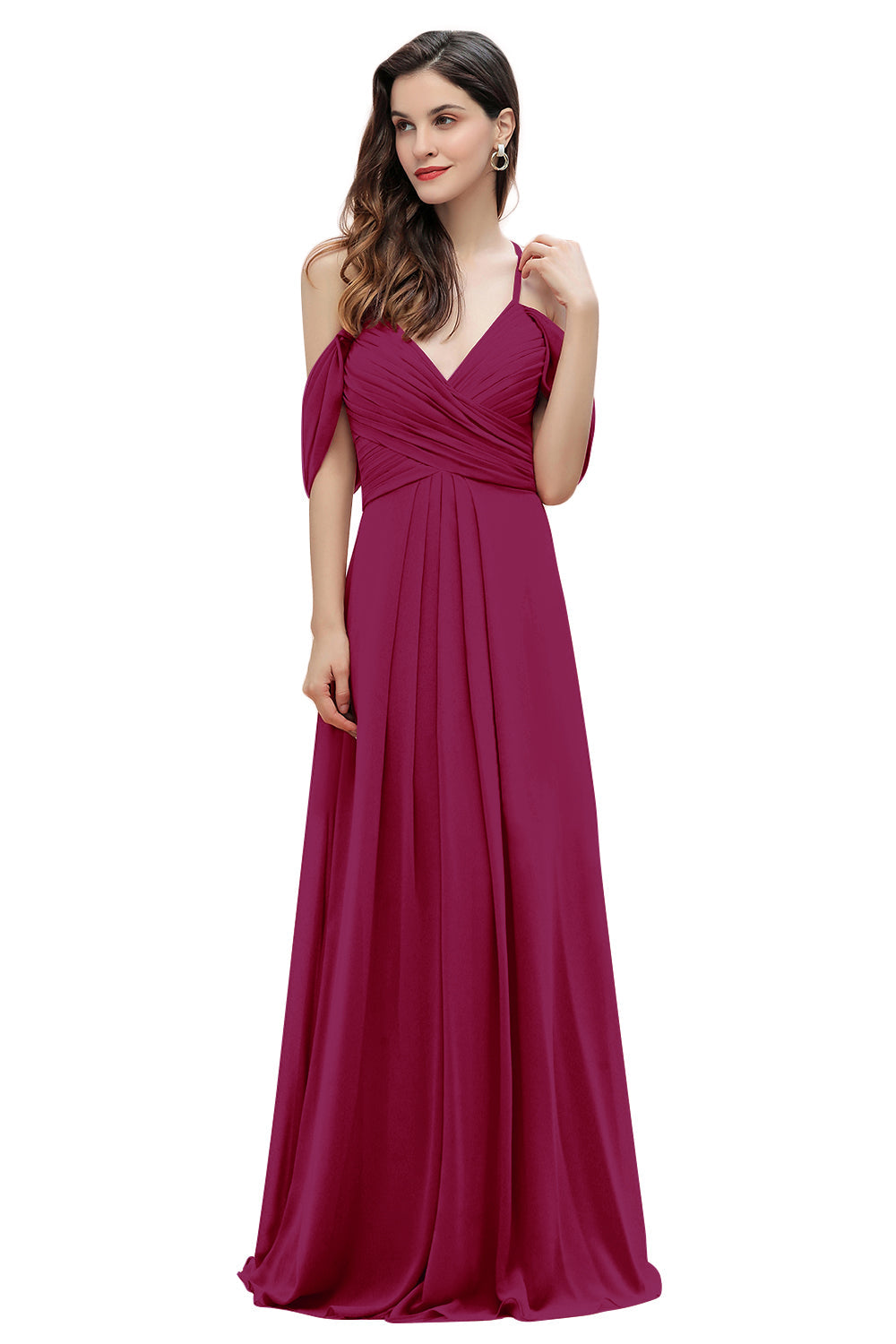 Elegante vestido de dama de honor de gasa con tirantes finos y hombros descubiertos, largo hasta el suelo, para fiesta de boda