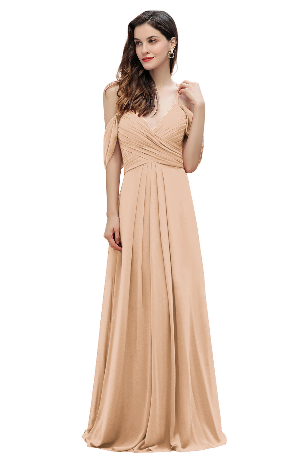 Elegante vestido de dama de honor de gasa con tirantes finos y hombros descubiertos, largo hasta el suelo, para fiesta de boda