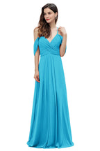 Elegante vestido de dama de honor de gasa con tirantes finos y hombros descubiertos, largo hasta el suelo, para fiesta de boda