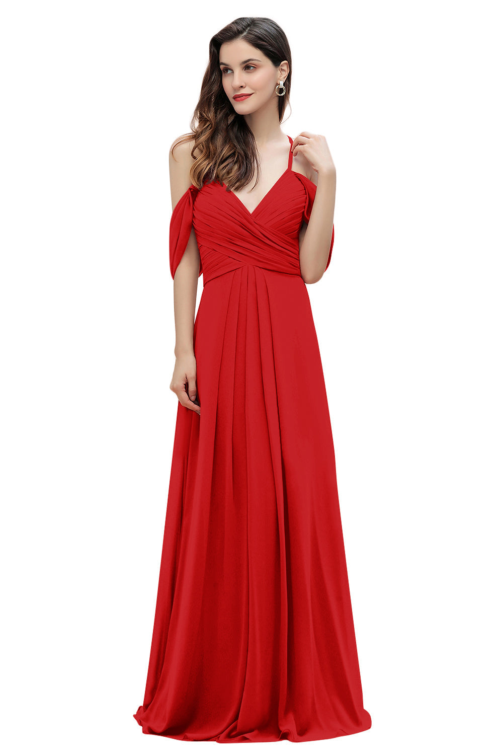 Elegante vestido de dama de honor de gasa con tirantes finos y hombros descubiertos, largo hasta el suelo, para fiesta de boda