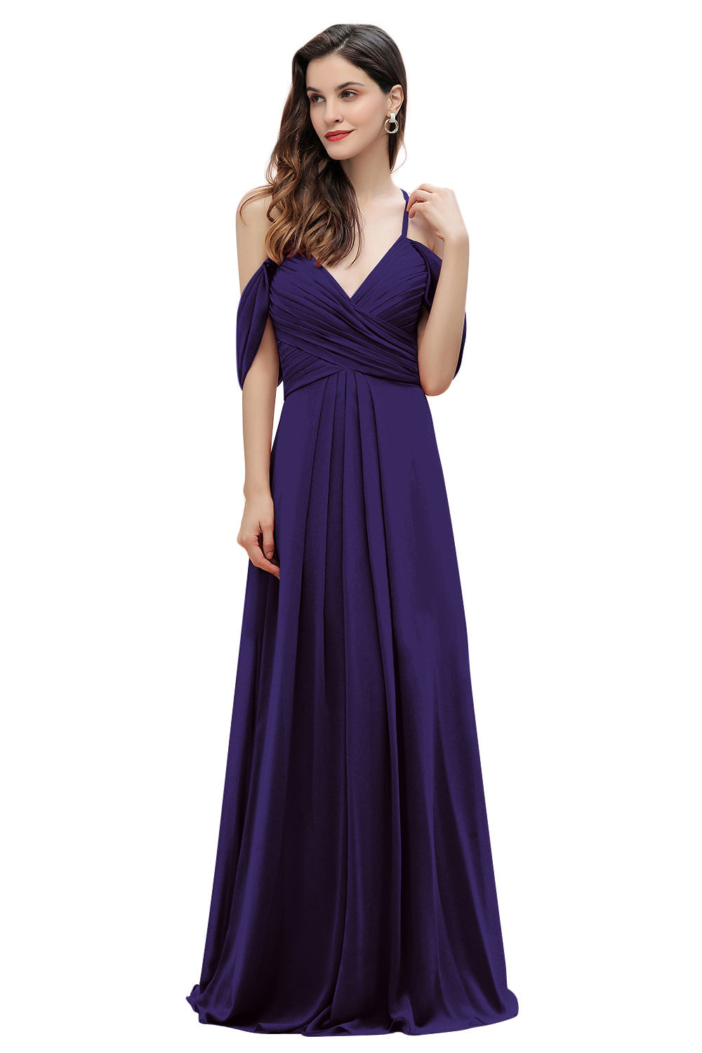 Elegante vestido de dama de honor de gasa con tirantes finos y hombros descubiertos, largo hasta el suelo, para fiesta de boda