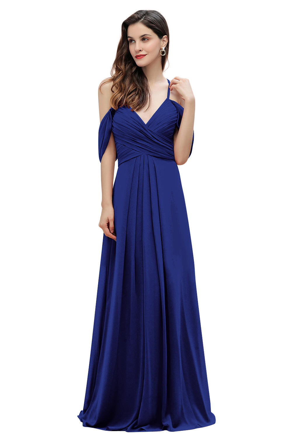 Elegante vestido de dama de honor de gasa con tirantes finos y hombros descubiertos, largo hasta el suelo, para fiesta de boda