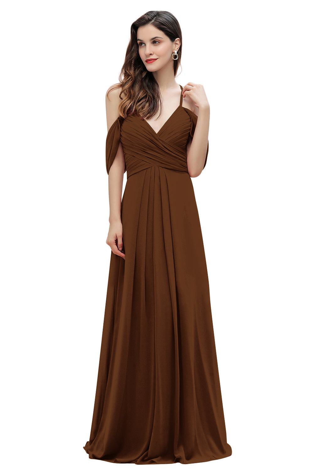 Elegante vestido de dama de honor de gasa con tirantes finos y hombros descubiertos, largo hasta el suelo, para fiesta de boda