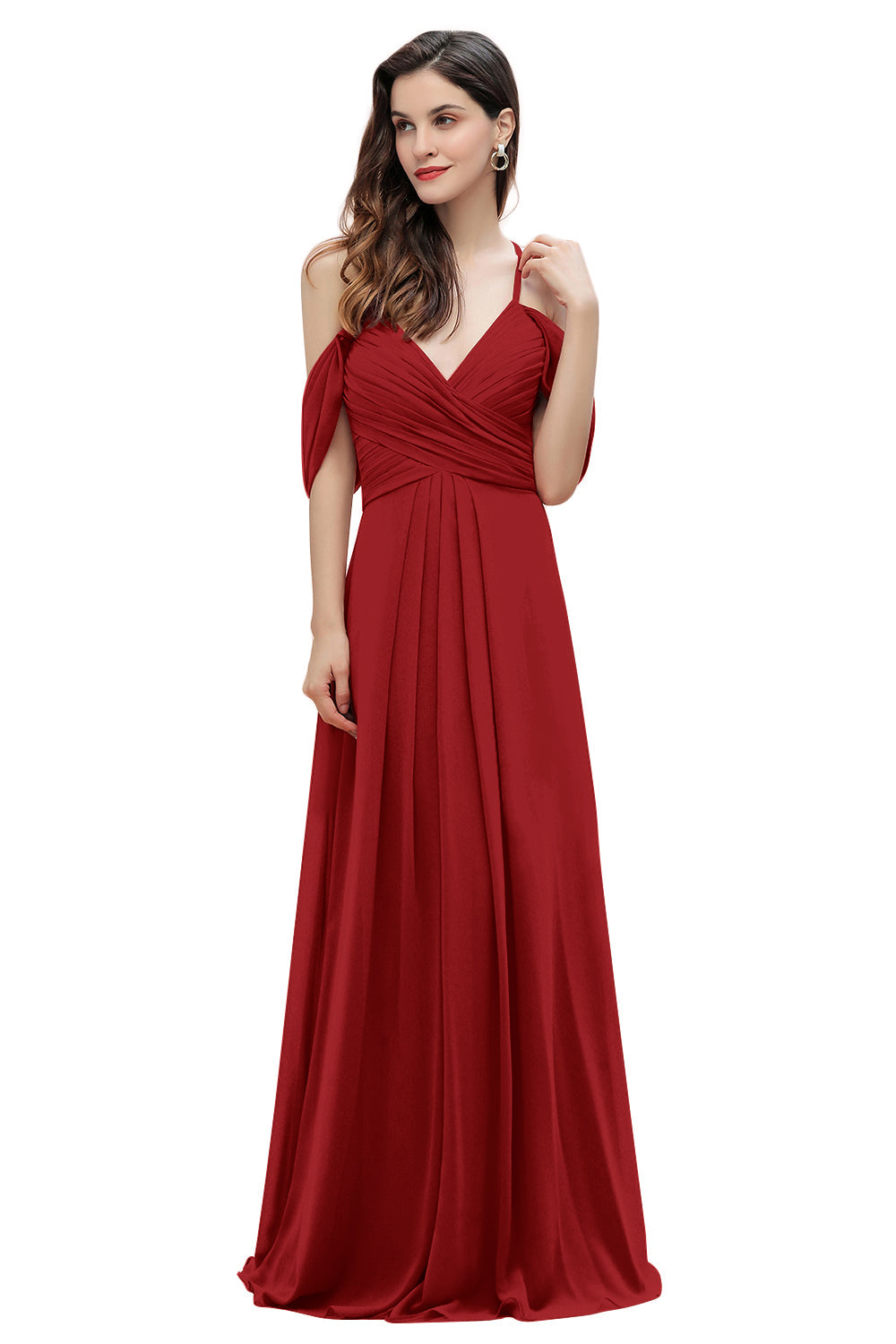 Elegante vestido de dama de honor de gasa con tirantes finos y hombros descubiertos, largo hasta el suelo, para fiesta de boda