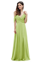Elegante vestido de dama de honor de gasa con tirantes finos y hombros descubiertos, largo hasta el suelo, para fiesta de boda