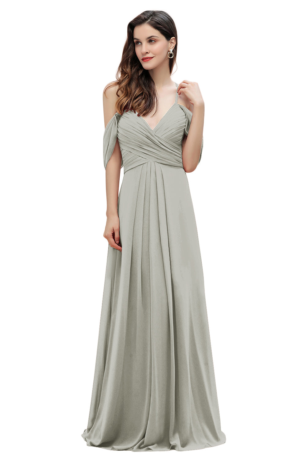 Elegante vestido de dama de honor de gasa con tirantes finos y hombros descubiertos, largo hasta el suelo, para fiesta de boda