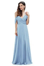 Elegante vestido de dama de honor de gasa con tirantes finos y hombros descubiertos, largo hasta el suelo, para fiesta de boda
