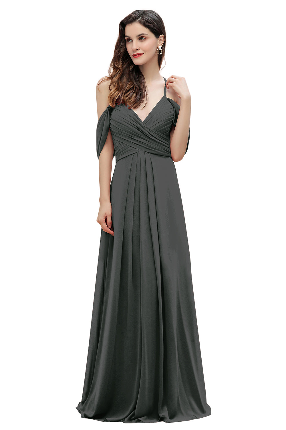 Elegante vestido de dama de honor de gasa con tirantes finos y hombros descubiertos, largo hasta el suelo, para fiesta de boda