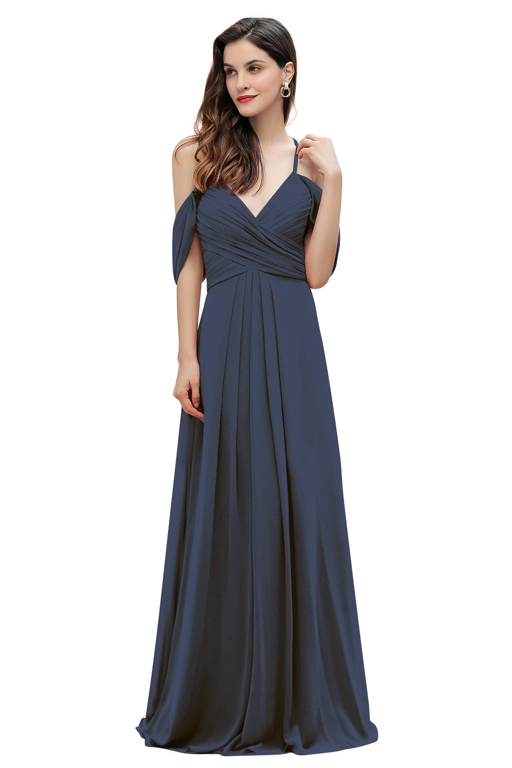 Elegante vestido de dama de honor de gasa con tirantes finos y hombros descubiertos, largo hasta el suelo, para fiesta de boda