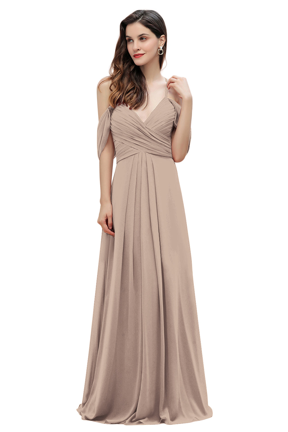 Elegante vestido de dama de honor de gasa con tirantes finos y hombros descubiertos, largo hasta el suelo, para fiesta de boda