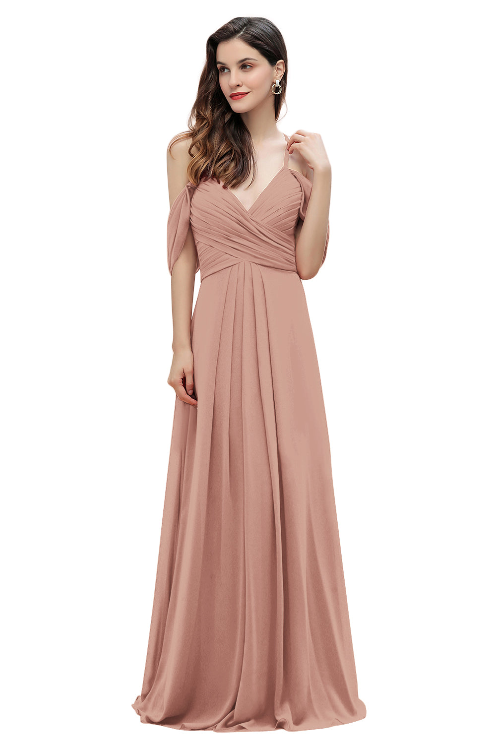 Elegante vestido de dama de honor de gasa con tirantes finos y hombros descubiertos, largo hasta el suelo, para fiesta de boda
