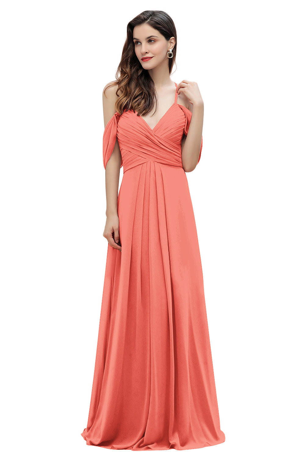 Elegante vestido de dama de honor de gasa con tirantes finos y hombros descubiertos, largo hasta el suelo, para fiesta de boda