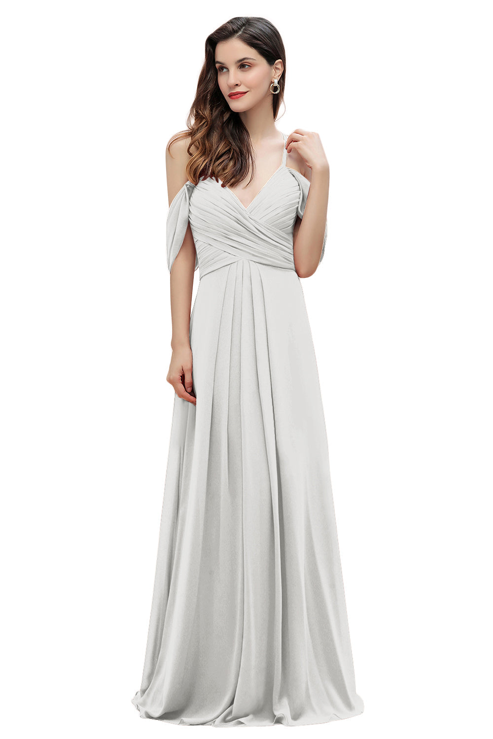 Elegante vestido de dama de honor de gasa con tirantes finos y hombros descubiertos, largo hasta el suelo, para fiesta de boda