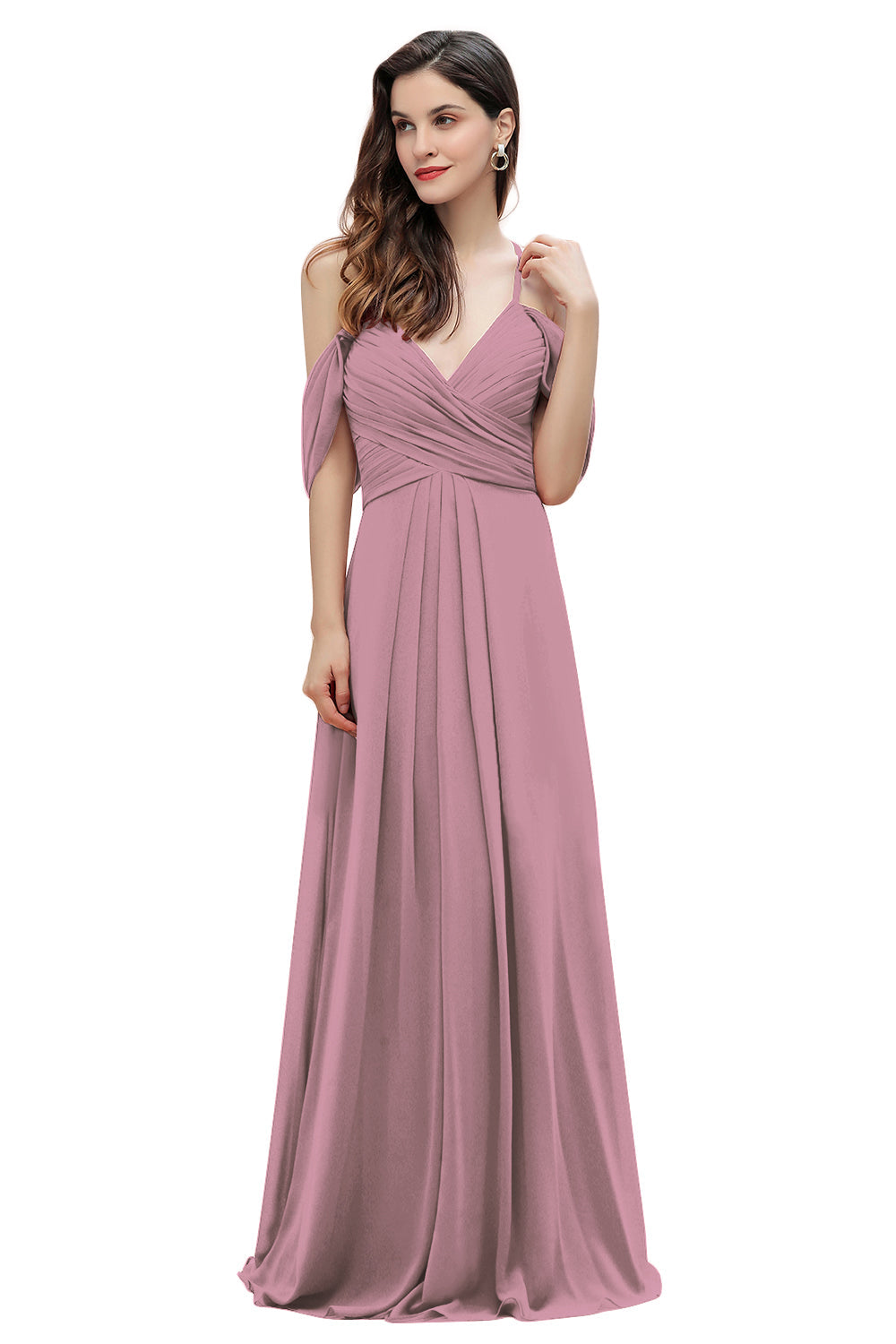 Elegante vestido de dama de honor de gasa con tirantes finos y hombros descubiertos, largo hasta el suelo, para fiesta de boda