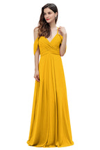 Elegante vestido de dama de honor de gasa con tirantes finos y hombros descubiertos, largo hasta el suelo, para fiesta de boda