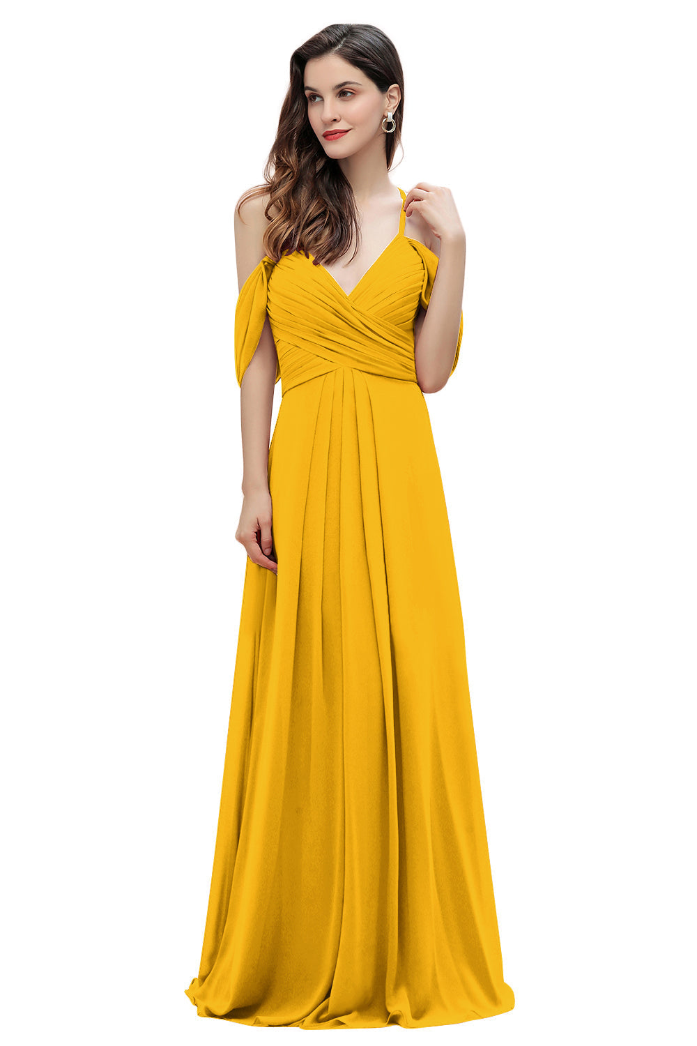 Elegante vestido de dama de honor de gasa con tirantes finos y hombros descubiertos, largo hasta el suelo, para fiesta de boda