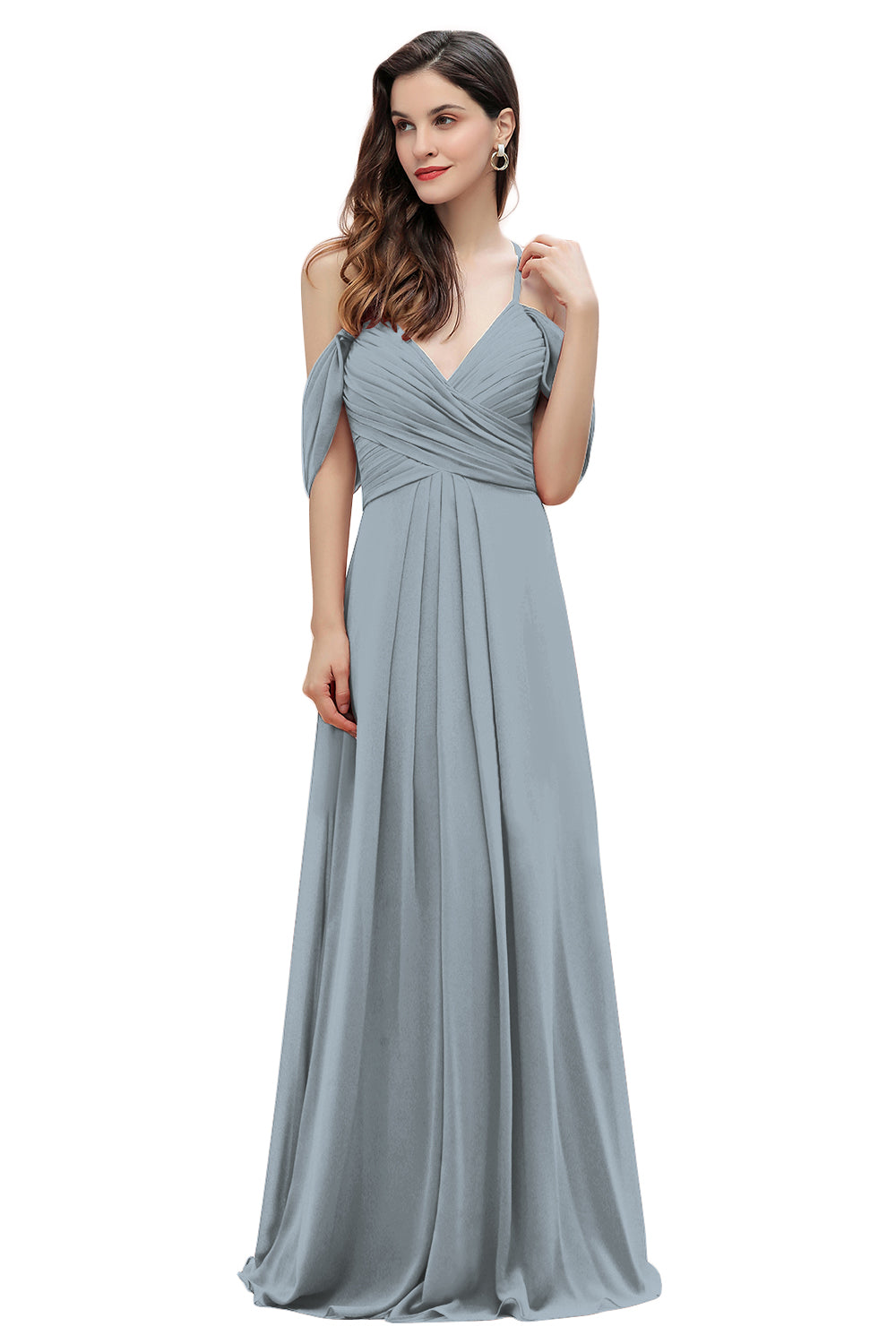 Elegante vestido de dama de honor de gasa con tirantes finos y hombros descubiertos, largo hasta el suelo, para fiesta de boda