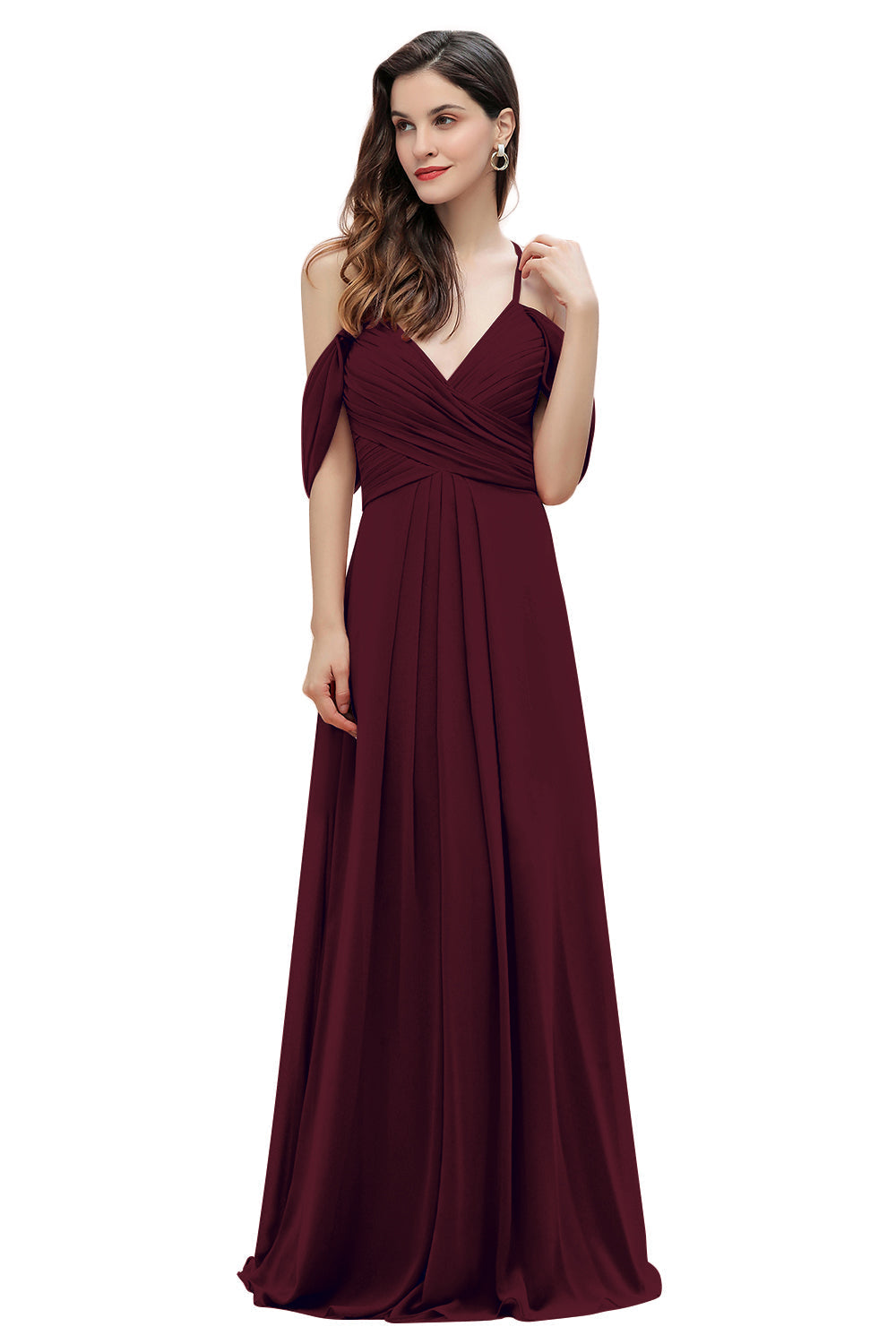 Elegante vestido de dama de honor de gasa con tirantes finos y hombros descubiertos, largo hasta el suelo, para fiesta de boda